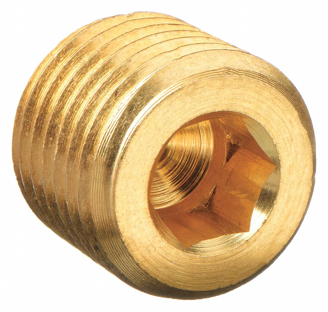 Hollow Hex Head Plug: Brass, 1/4 in Fitting Pipe Size, Male NPT, 7/16 in Overall Lg
