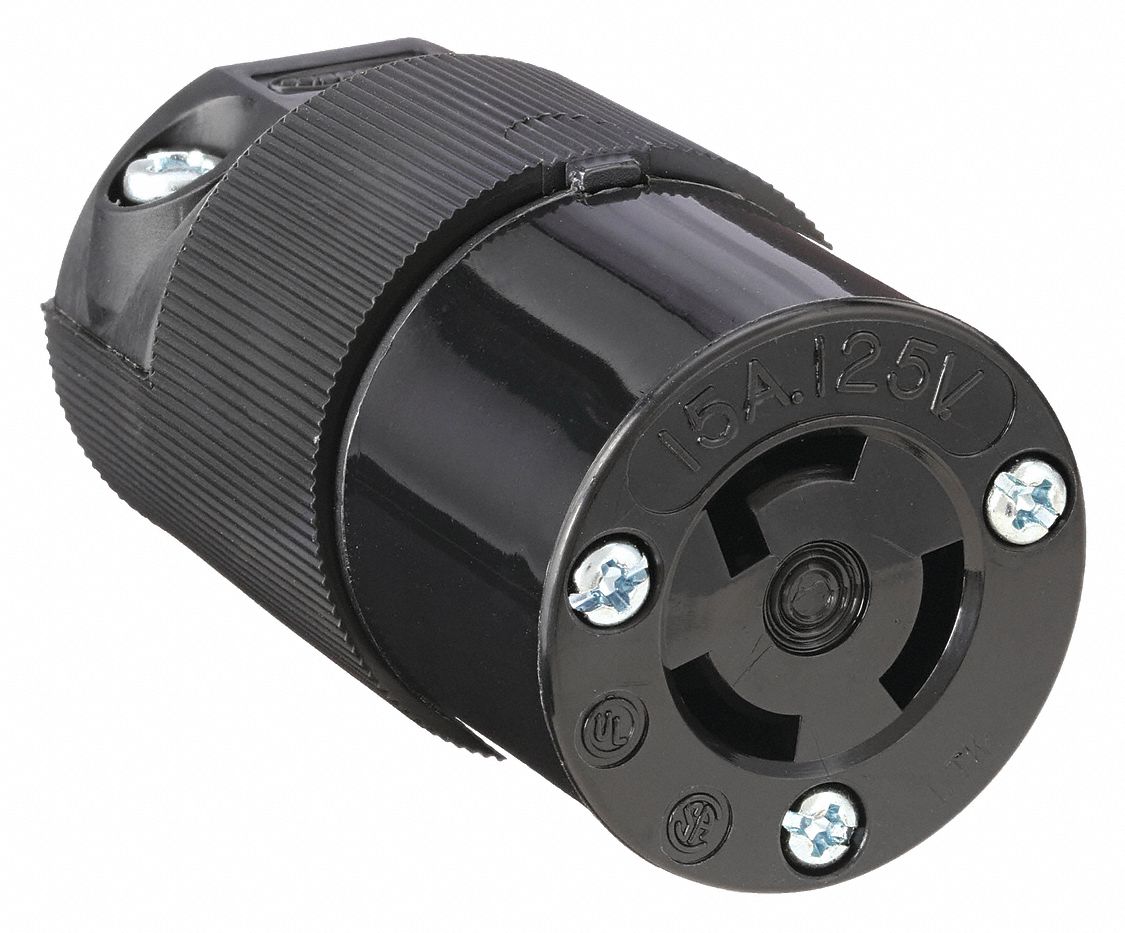 LOCKING CONNECTOR, L5-15R, 15 A, 125V AC, 2 POLES, BLACK, SCREW TERMINALS