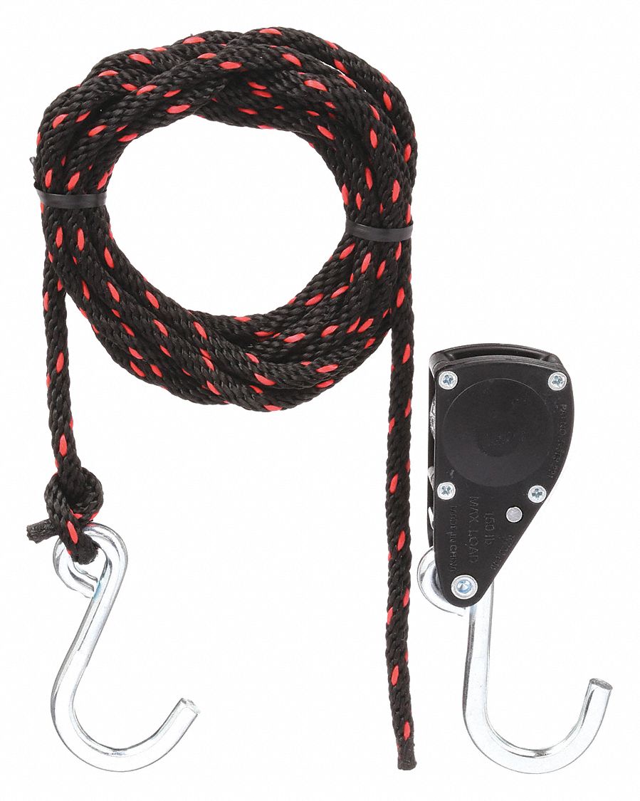 Rope Tie Down: Rope Tie Down, 15 ft Rope Lg, S-Hook, 1/4 in Rope Dia, Polypropylene, Ratchet/Rope