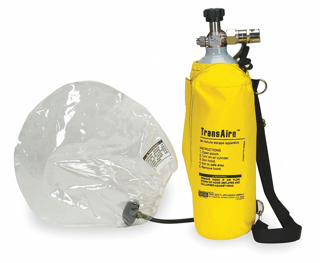 MSA Emergency Escape Breathing Apparatus: 10 min Escape Duration, 40 lpm,  MSA TransAire