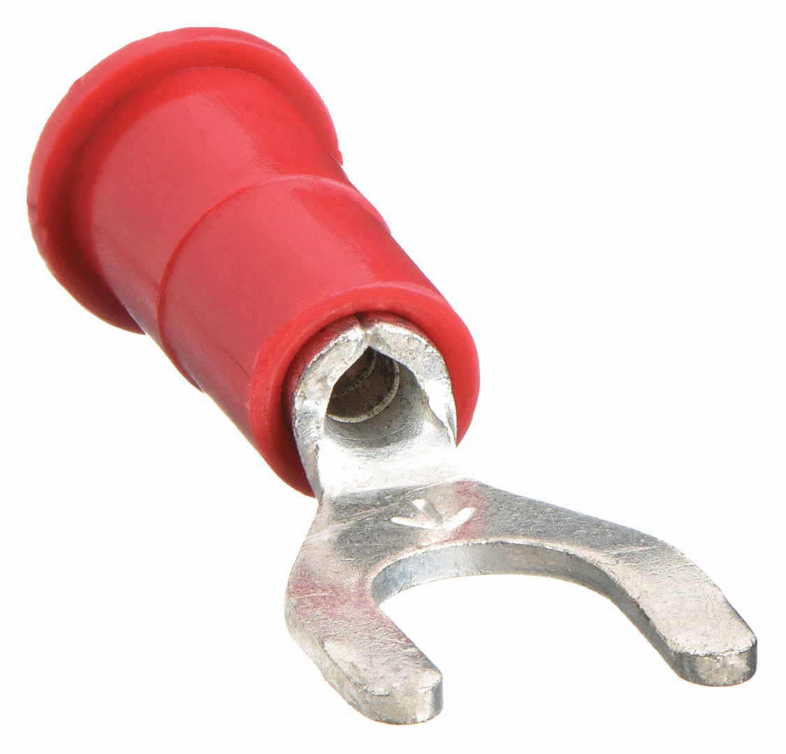 Fork Terminals: Red, Vinyl, #8 Stud Size, 22 AWG – 18 AWG Wire Range, Std Fork, 1, 000 V