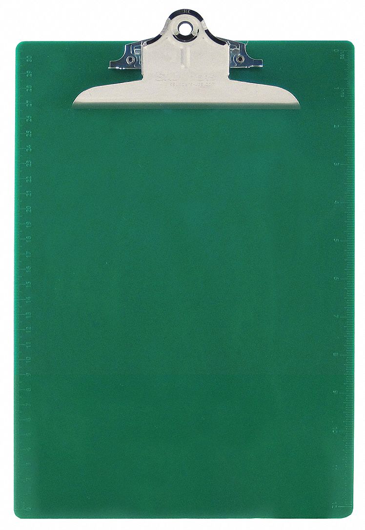 Clipboard: Letter Paper Size Name, Plastic, 1 in Clip Capacity, 9 in Overall Wd, Green, Plastic