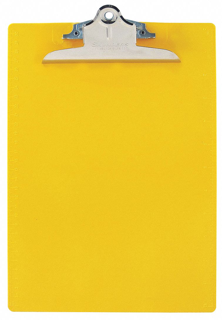 Clipboard: Letter Paper Size Name, Plastic, 1 in Clip Capacity, 9 in Overall Wd, Yellow, Plastic