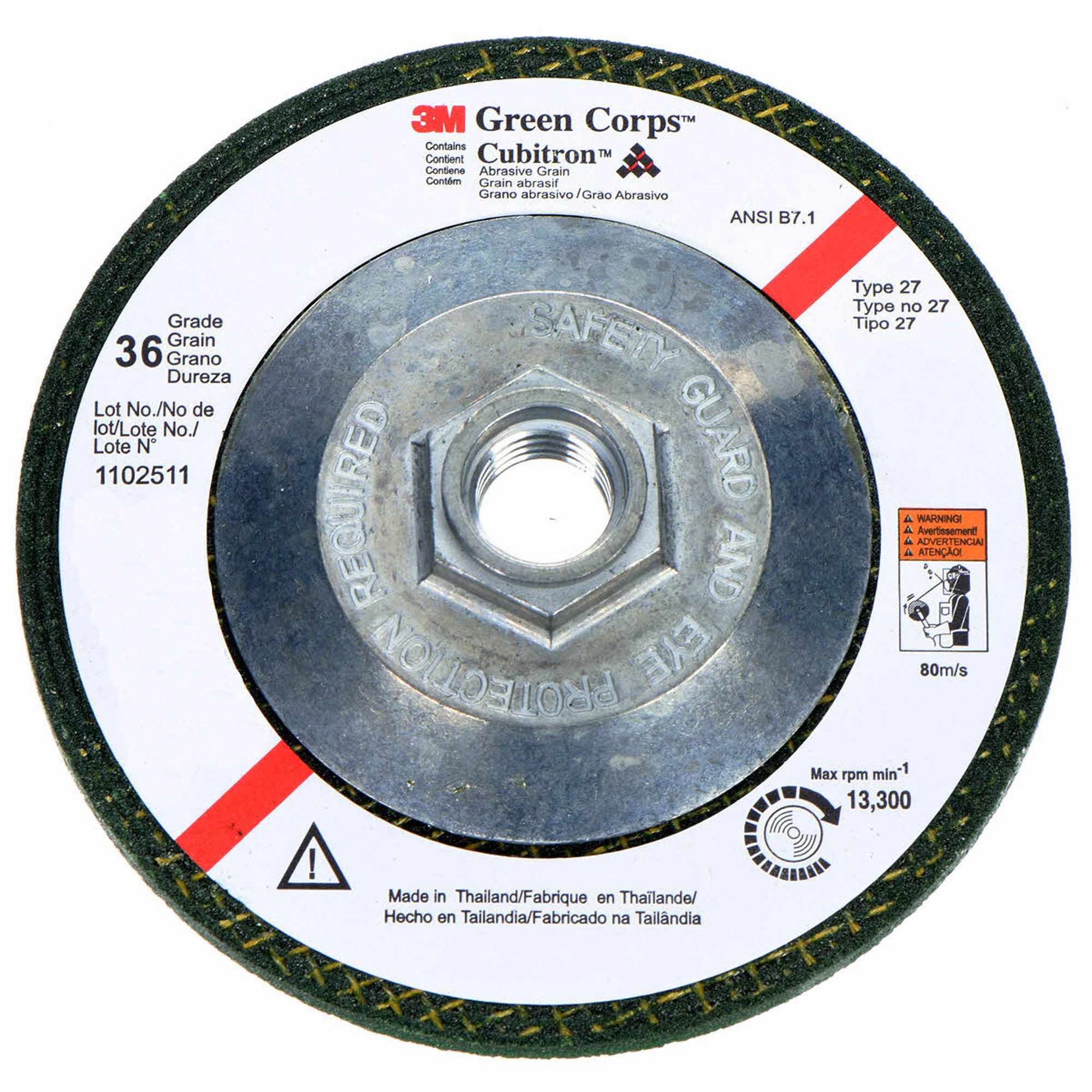 Depressed Center Grinding Wheel: Type 27, 4 1/2" x 1/4" x 5/8"-11, Ceramic, 36 Grit, Green Corps