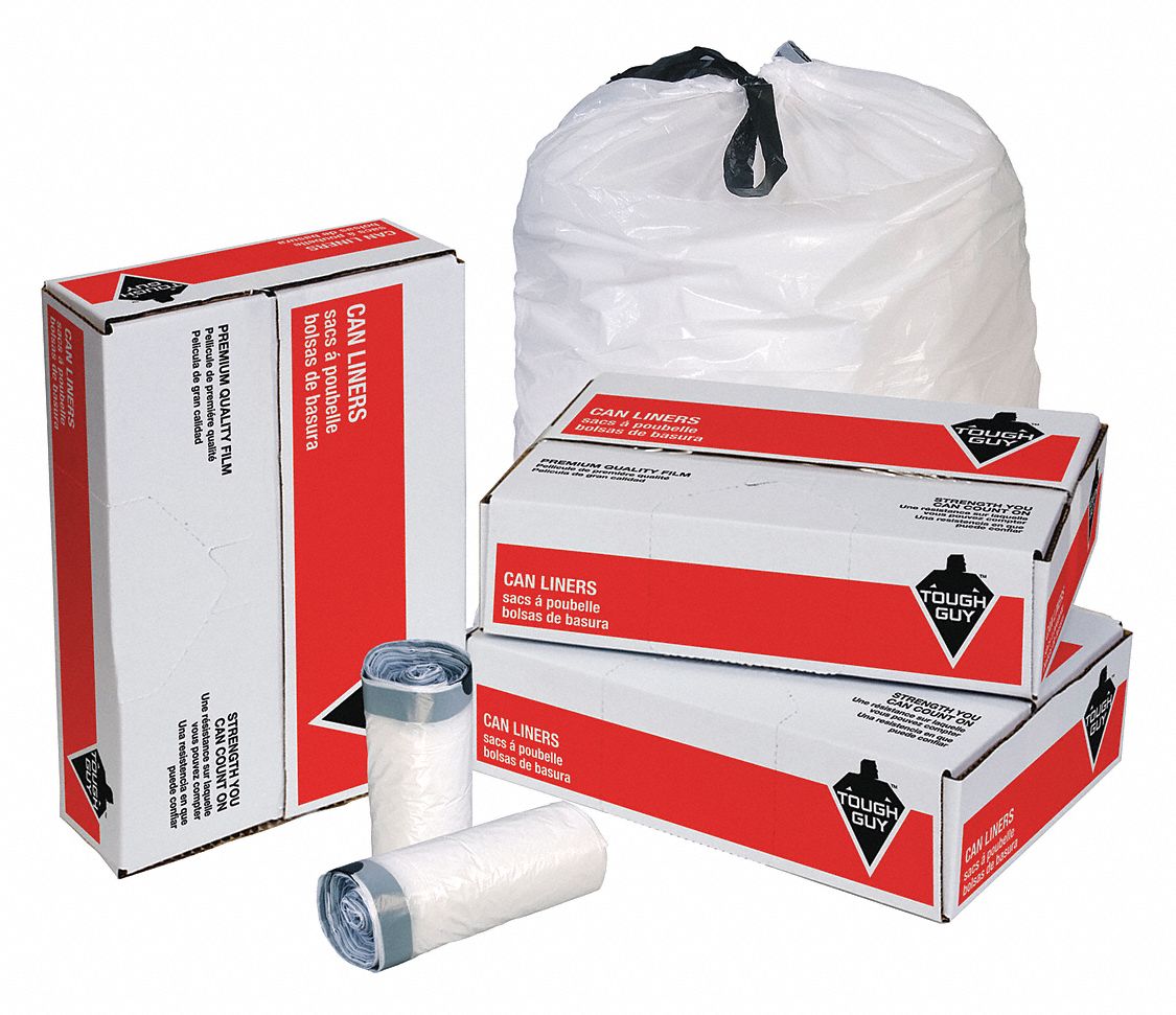 TOUGH GUY Trash Bag, 10 to 15 gal, LLDPE, Coreless Roll, White, PK 250