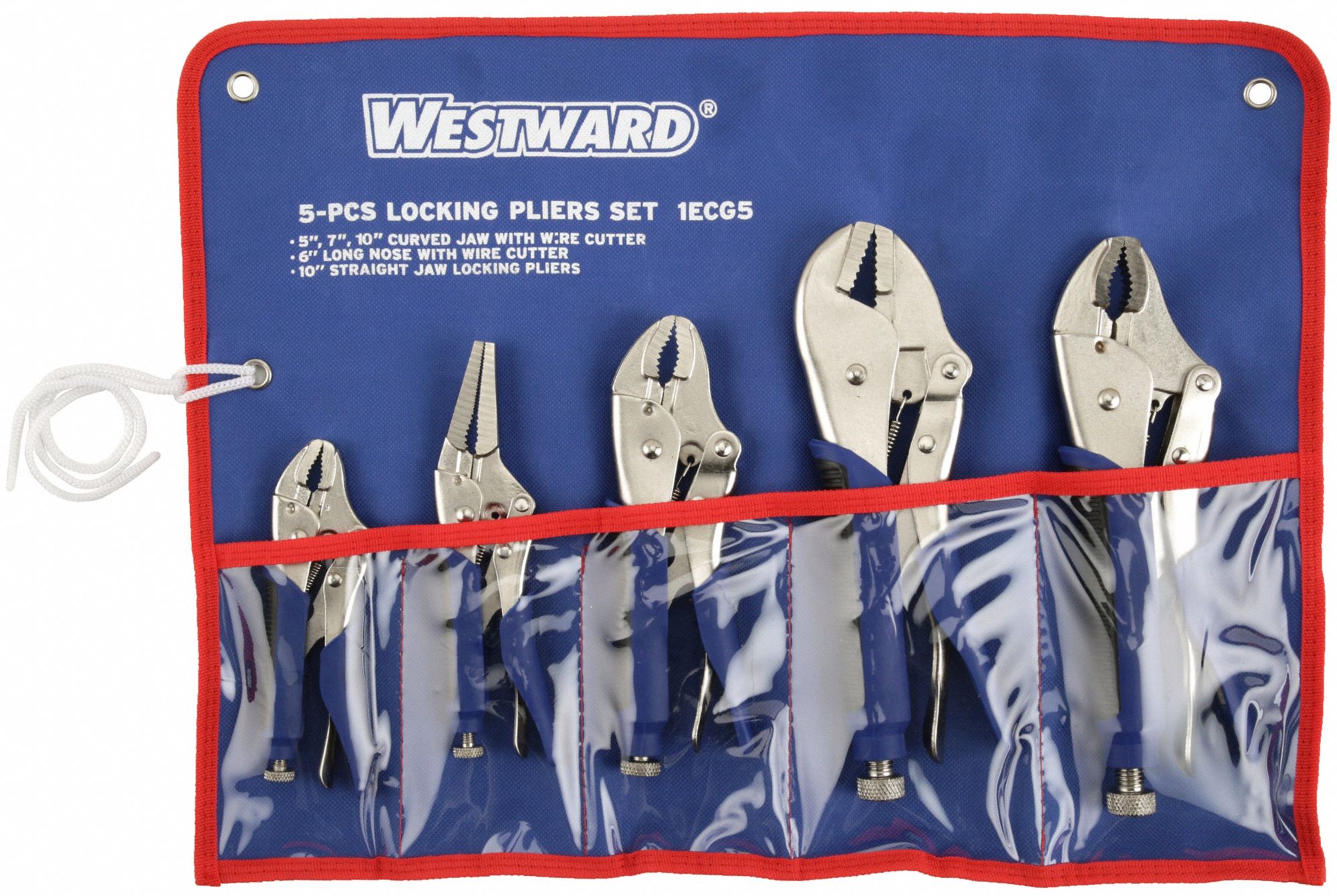 Locking Pliers Set: Curved/Flat/Long Nose, 1 1/8 in_1 1/2 in_1 3/4 in_1 7/8  in_2 in Max Jaw Opening