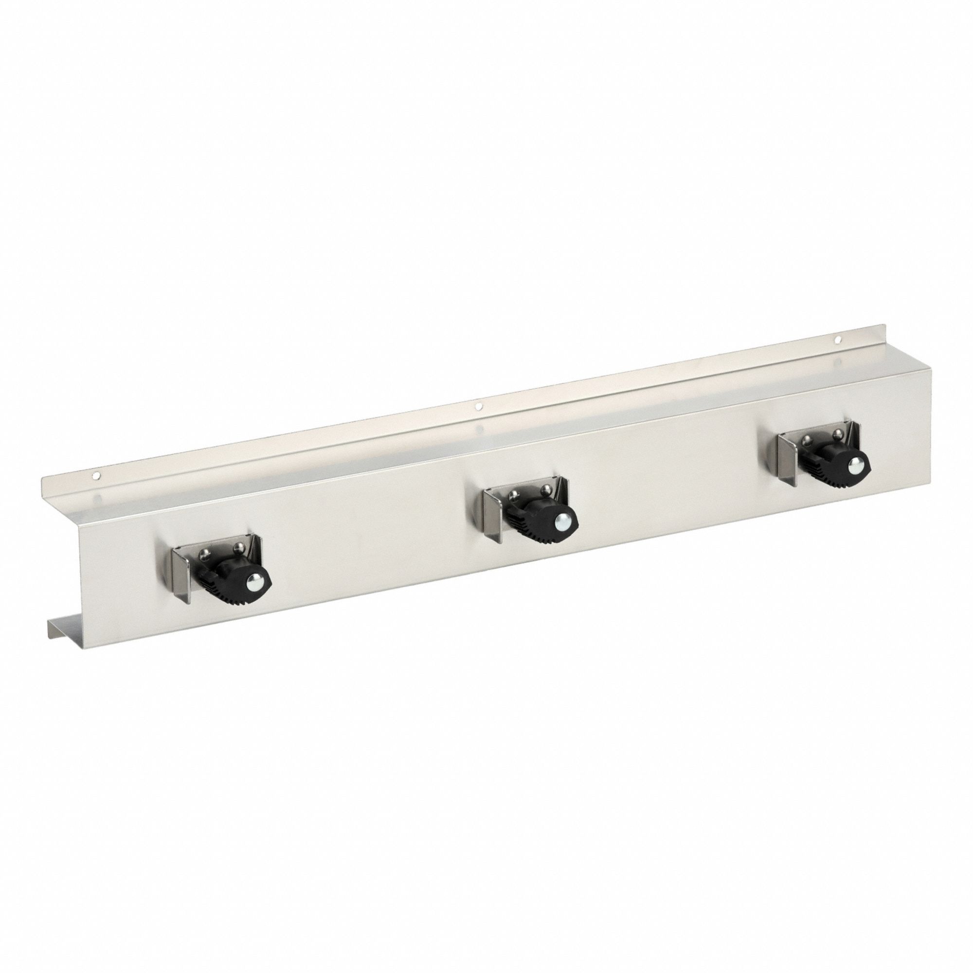 Mop and Broom Holder: For 3/4 in to 1 1/8 in Handle Dia, Silver, 26 in Lg, 4 3/4 in Wd