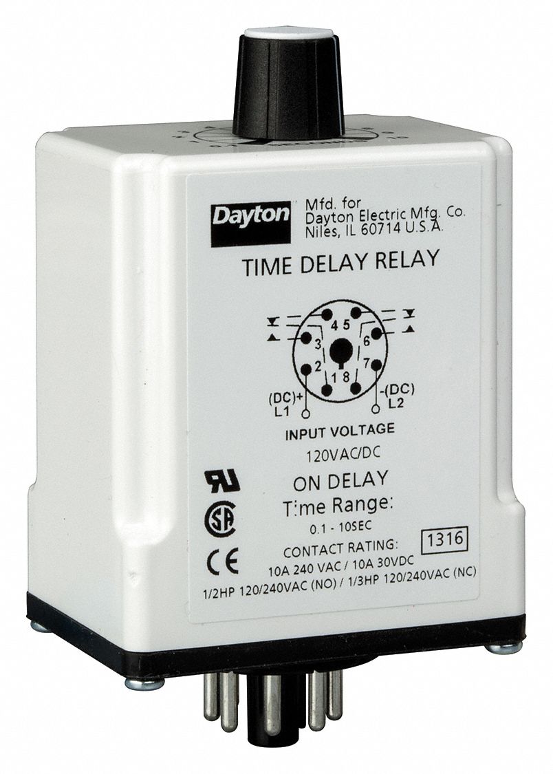 DAYTON Single Function Timing Relay, 120V AC/DC, 10A @ 240V, 8 Pins