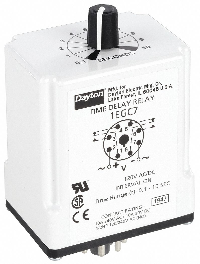 Single Function Time Delay Relay: Socket Mounted, 120V AC/DC, 10 A, 8 Pins/Terminals