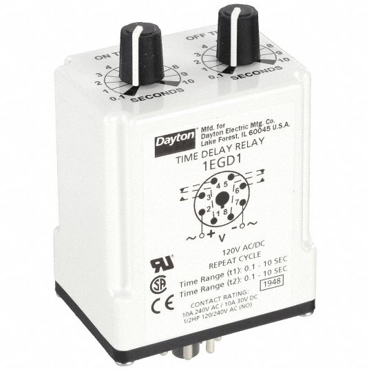 DAYTON Single Function Time Delay Relay: Socket Mounted, 240V AC, 10 A, 8  Pins/Terminals