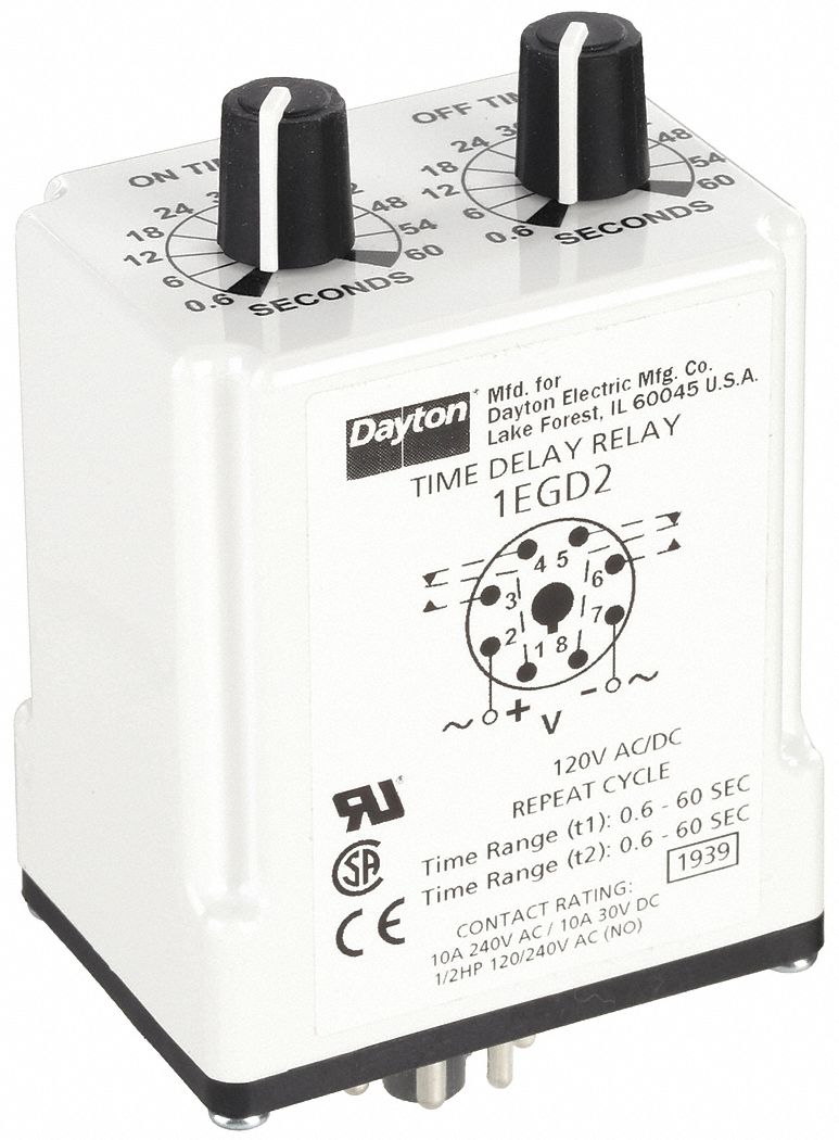 DAYTON TIME DELAY RELAY,120VAC/DC,10A,DPDT - Time-Delay Relays ...