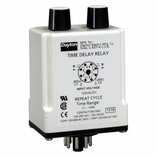 DAYTON Single Function Time Delay Relay 8 Pins Relay, Potentiometer