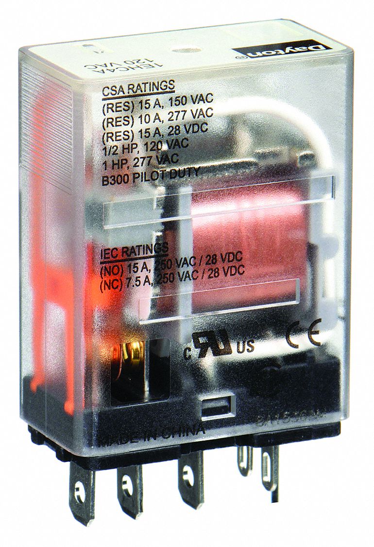 GENERAL PURPOSE RELAY, SOCKET MOUNTED, 15 A CURRENT RATING, 120V AC, 5 PINS/TERMINALS, SPDT