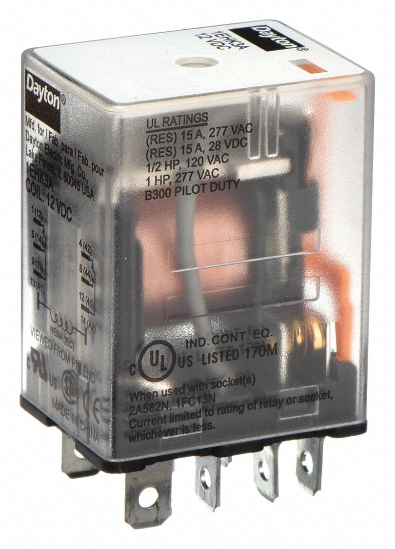 General Purpose Relay, 12V DC Coil Volts, 15A 277V AC Contact Rating