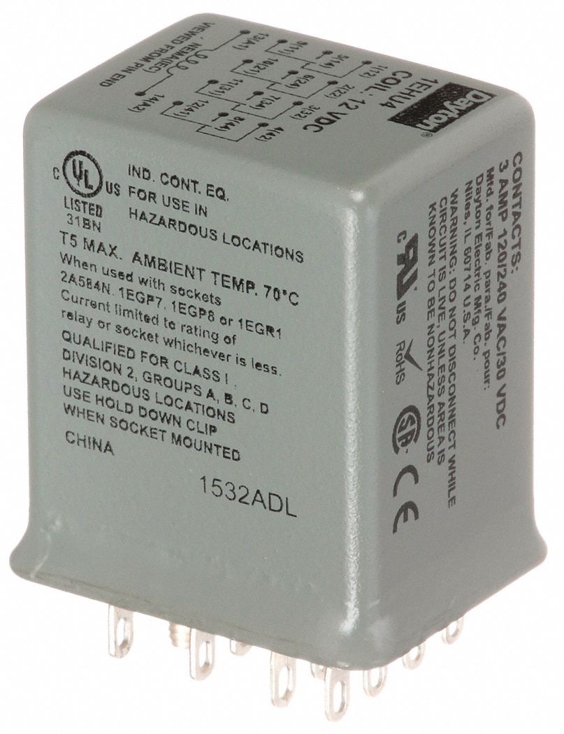 HERMETICALLY SEALED RELAY, SOCKET MOUNTED, 3 A CURRENT RATING, 12V DC, 14 PINS/TERMINALS