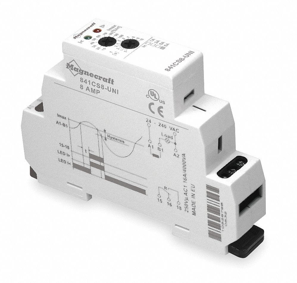 Adjustable Current Sensing Relay: 24 to 240V AC, Adj 0.50 to 5.00A, SPDT, 15A @ 240V