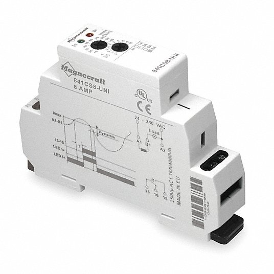 Adjustable Current Sensing Relay: 24 to 240V AC, Adj 0.50 to 5.00A, SPDT, 15A @ 240V