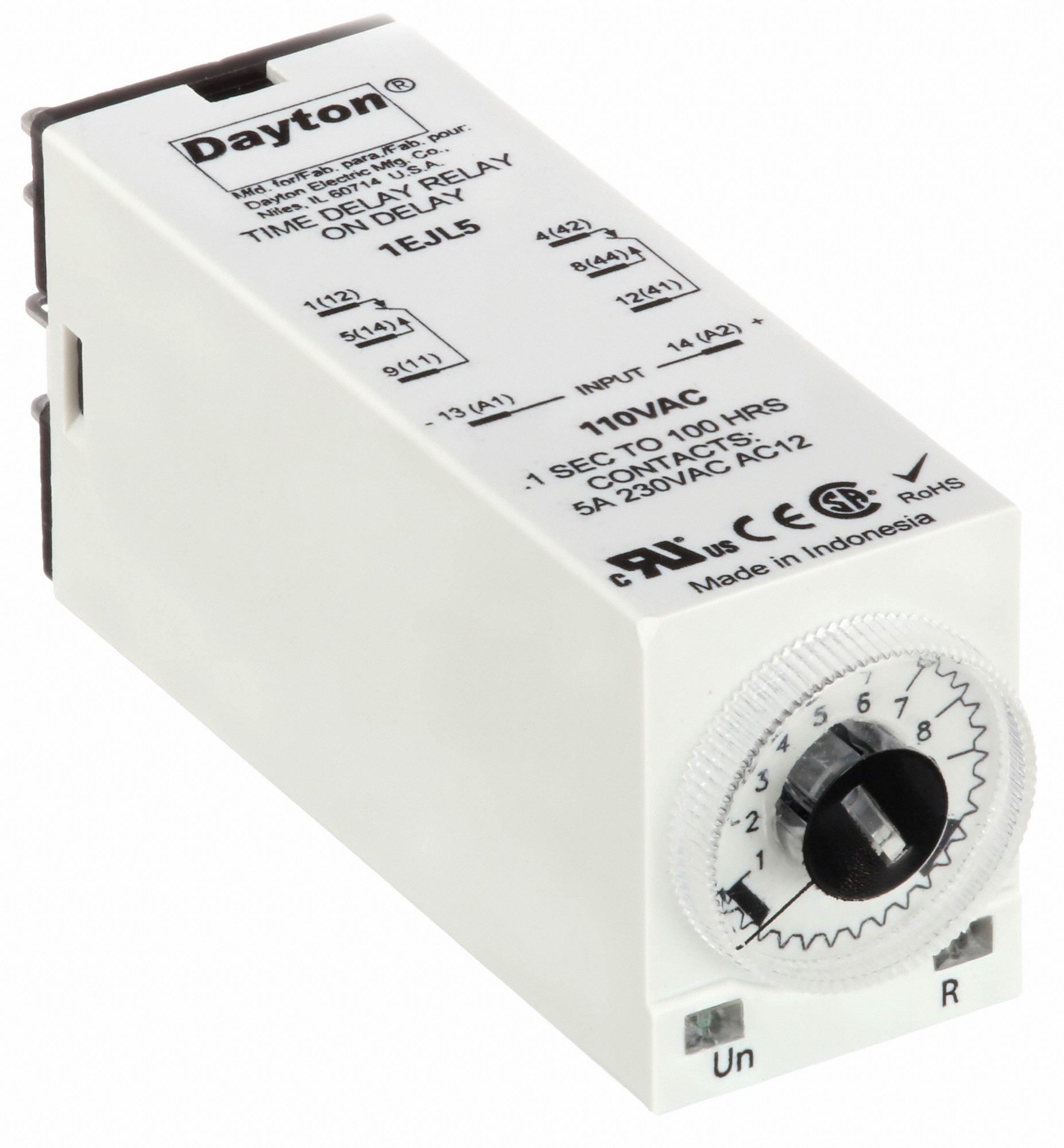 DAYTON Single Function Timing Relay, 120V AC, 5A 240V, 8 Pins, DPDT