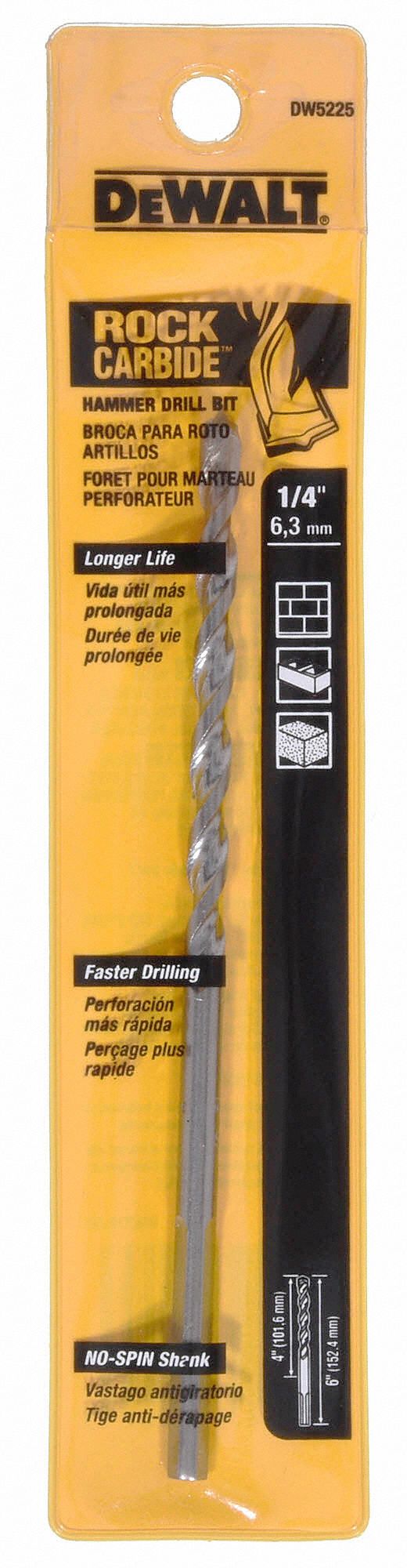 DEWALT Hammer Drill, Straight with Three Flats, 1/4 in, Carbide Tipped