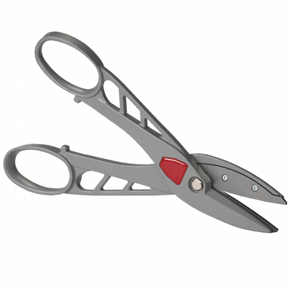 Tinners Snip: Straight, 12 in Overall Lg, 12 in Cutting Lg, Steel, Plastic, Aluminum
