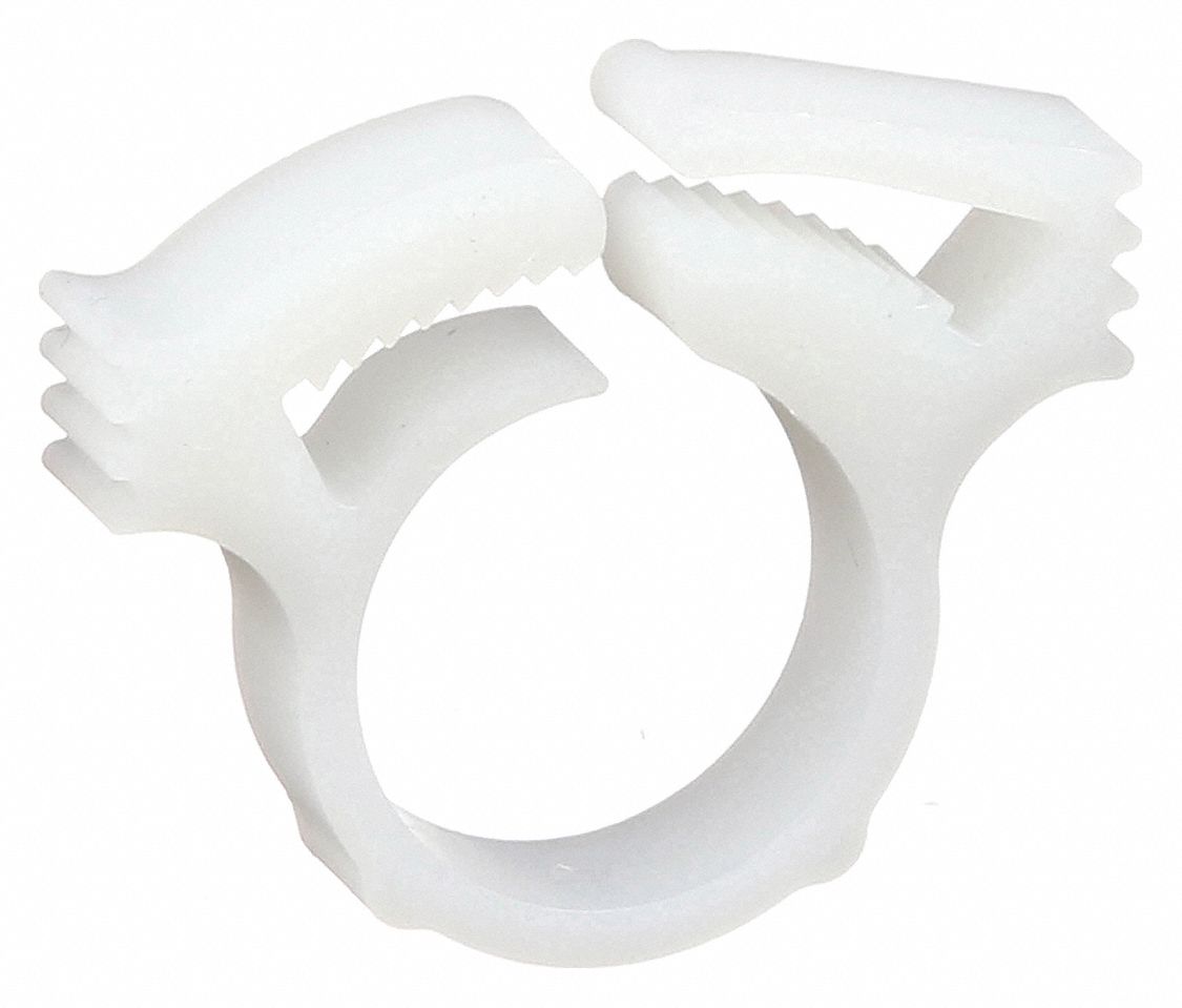 HOSE CLAMP, NYLON, WHITE, SINGLE TOOTH, 0.43 IN TO 0.48 IN CLAMPING DIA, 0.23 IN BAND W