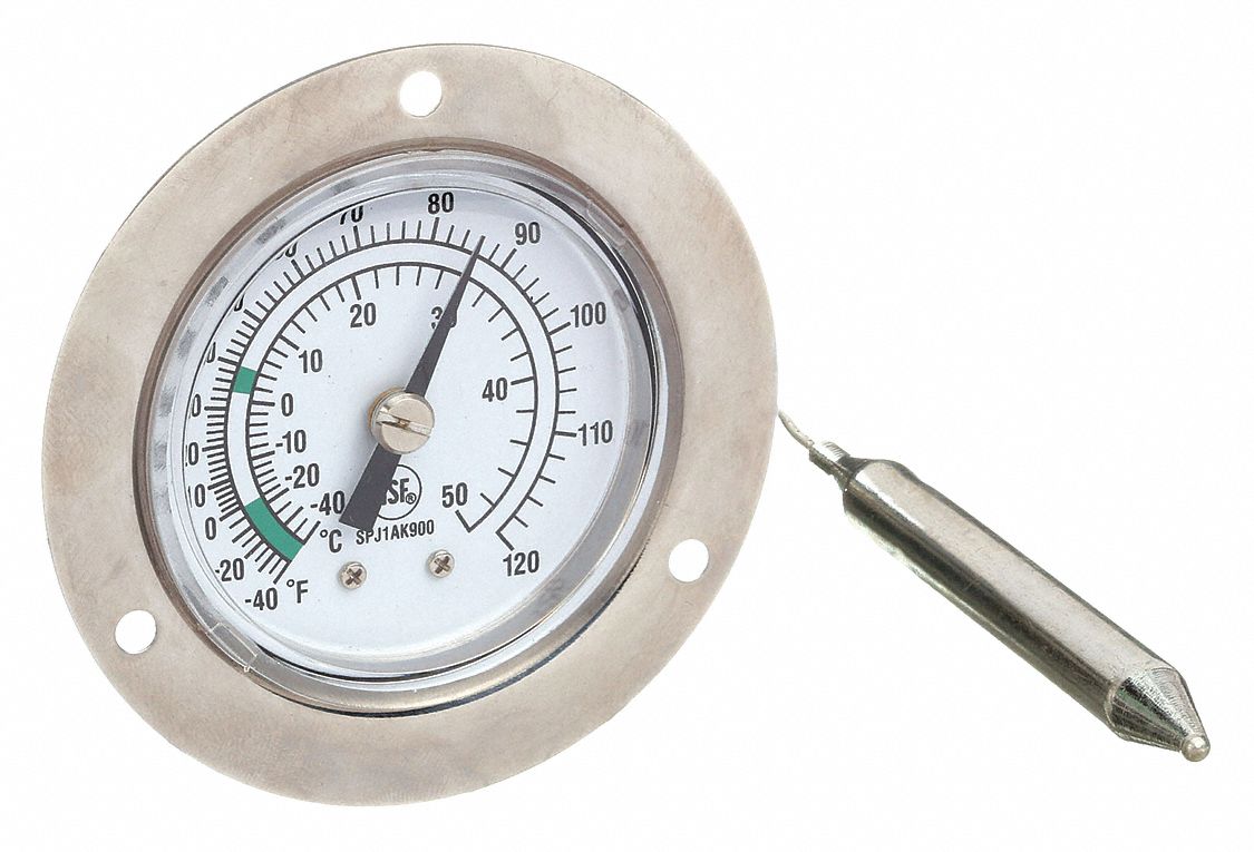 ANALOG PANEL MOUNT THERMOMETER, 2 IN DIAL DIAMETER, 3.6 IN PROBE L, +/-2% ACCURACY, 120 &deg; F MAXIMUM TEMPERATURE