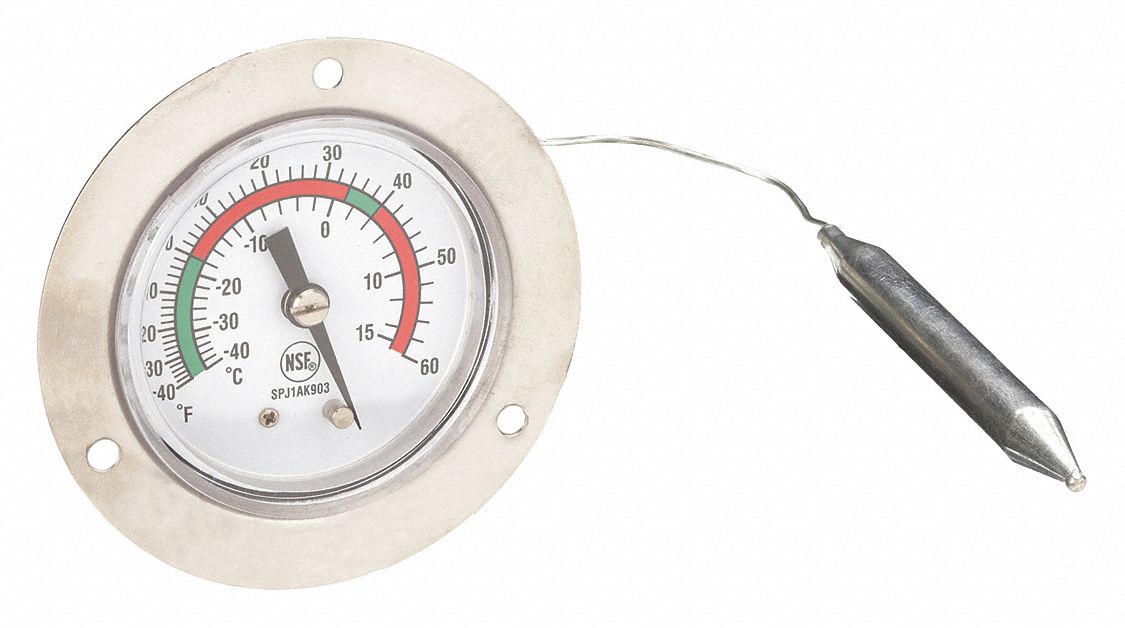 ANALOG PANEL MOUNT THERMOMETER, 2 IN DIAL DIAMETER, 3.95 IN PROBE L, +/-2% ACCURACY, 60 &deg; F MAXIMUM TEMPERATURE