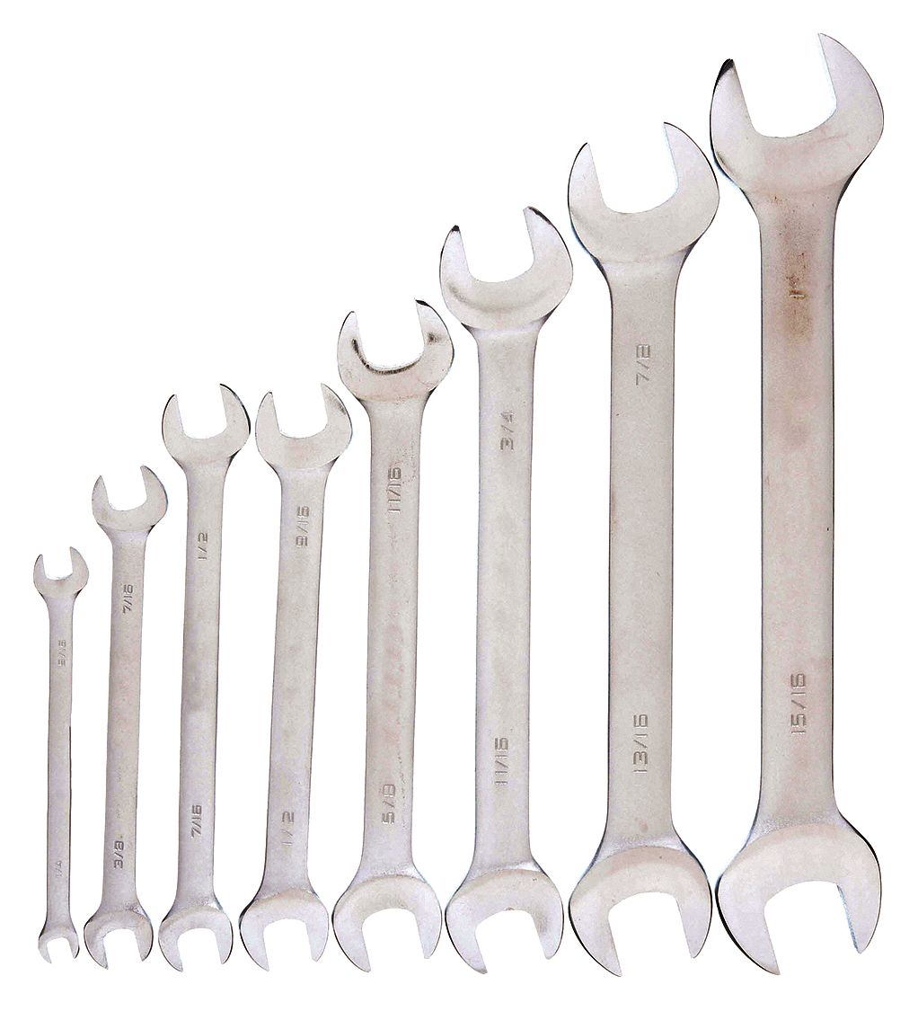 WESTWARD Open End Wrench Set: Alloy Steel, Satin, 8 Tools, 1/4 in to 1 in  Range of Head Sizes