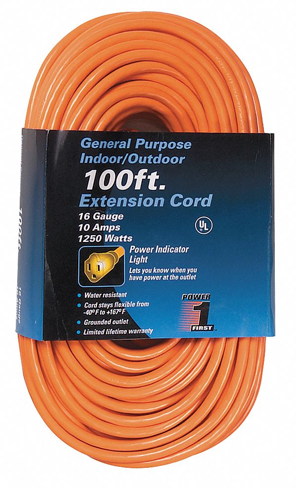 POWER FIRST Lighted Extension Cord 100 ft Cord Lg, 16 AWG Wire Size