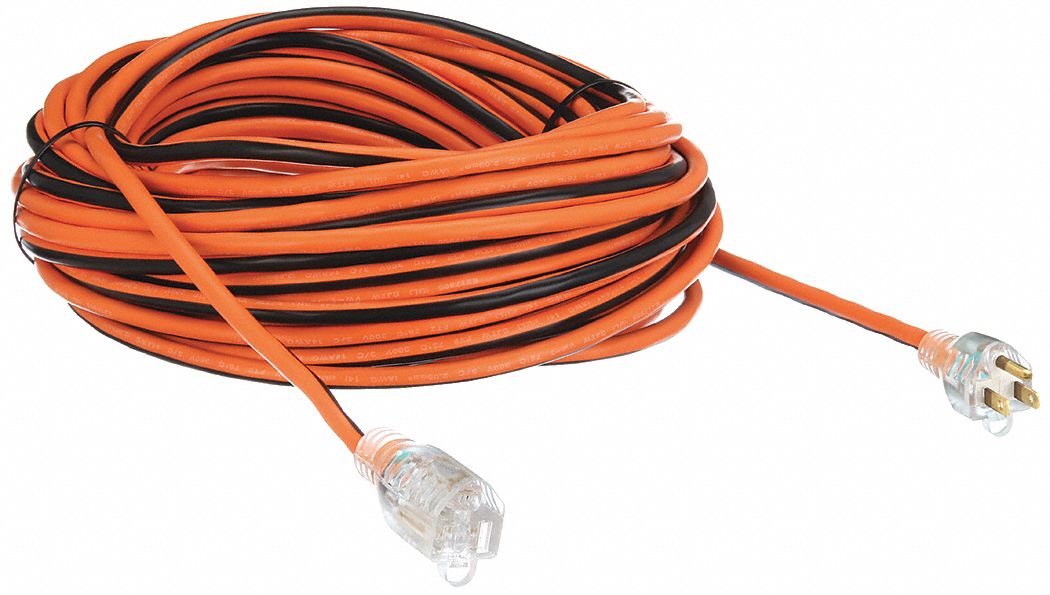 POWER FIRST Lighted Extension Cord: 100 ft Cord Lg, 16 AWG Wire Size, 16/3,  SJTW, NEMA 5-15P, Orange