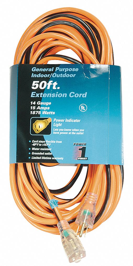 POWER FIRST Lighted Extension Cord 50 ft Cord Lg, 14 AWG Wire Size