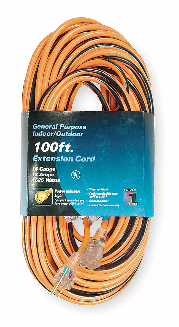 POWER FIRST Indoor/Outdoor Lighted Extension Cord, 100 ft. Cord Length, 14/3 Gauge/Conductor, 13 Max. Amps   Extension Cords   1FD56|1FD56