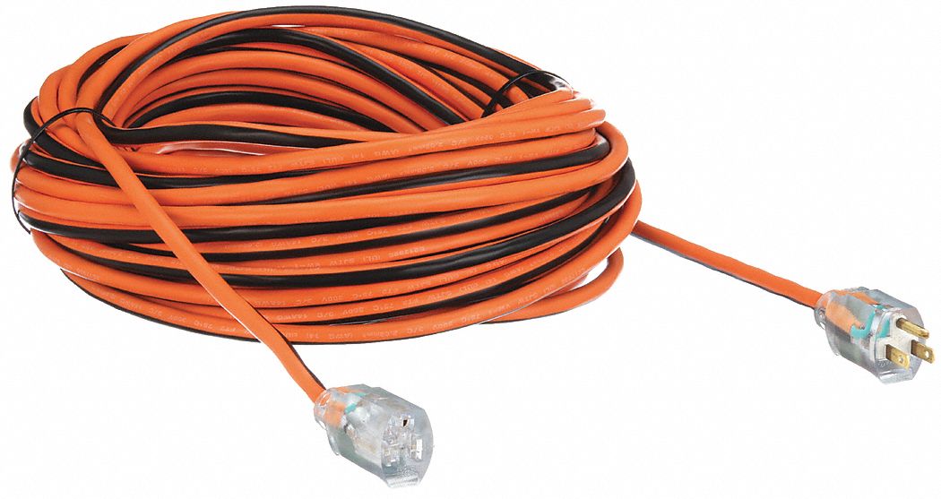LIGHTED EXTENSION CORD, 100 FT CORD, 14 AWG WIRE SIZE, 14/3, SJTW, NEMA 5-15P