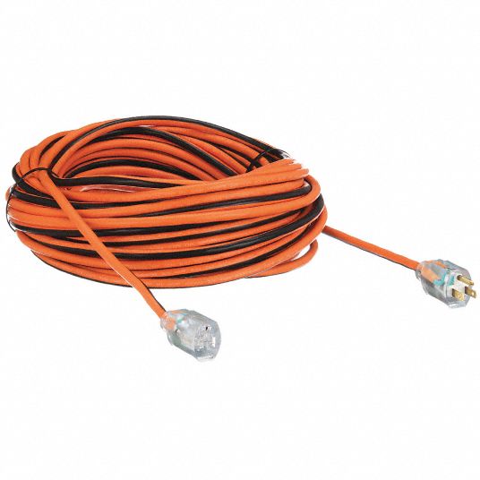 POWER FIRST Lighted Extension Cord: 100 ft Cord Lg, 14 AWG Wire Size, 14/3,  SJTW, NEMA 5-15P