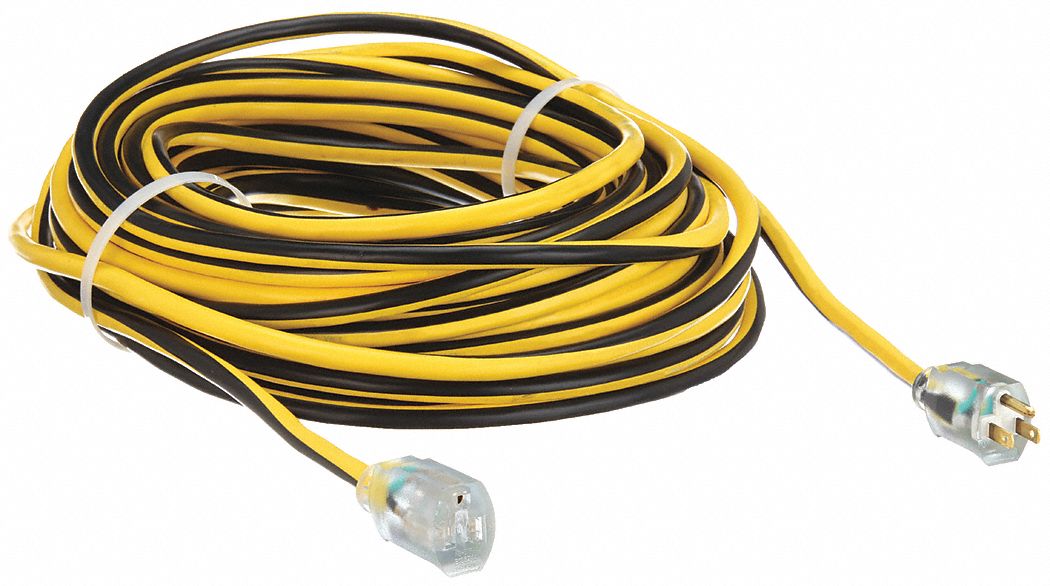 LIGHTED EXTENSION CORD, 100 FT CORD, 12 AWG WIRE SIZE, 12/3, SJTW, NEMA 5-15P