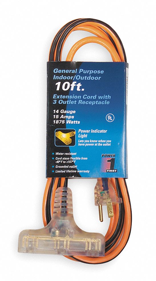 POWER FIRST Extension Cord, Outdoor, 15.0 A, 125V AC, Number of Outlets