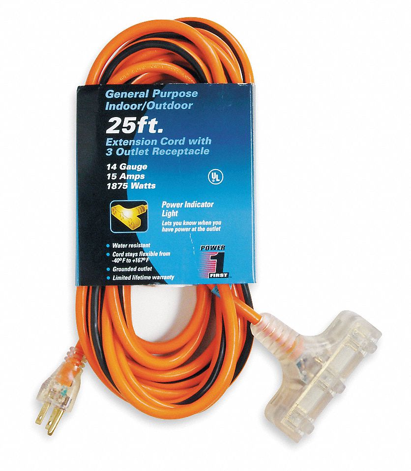POWER FIRST Lighted Extension Cord 25 ft Cord Lg, 14 AWG Wire Size