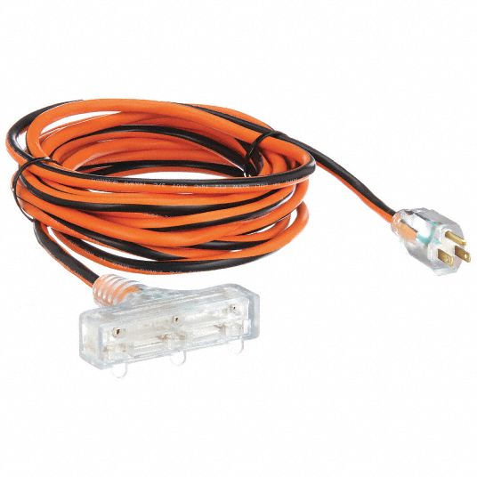 POWER FIRST Lighted Extension Cord: 25 ft Cord Lg, 14 AWG Wire Size, 14/3,  SJTW, NEMA 5-15P, T-Shape