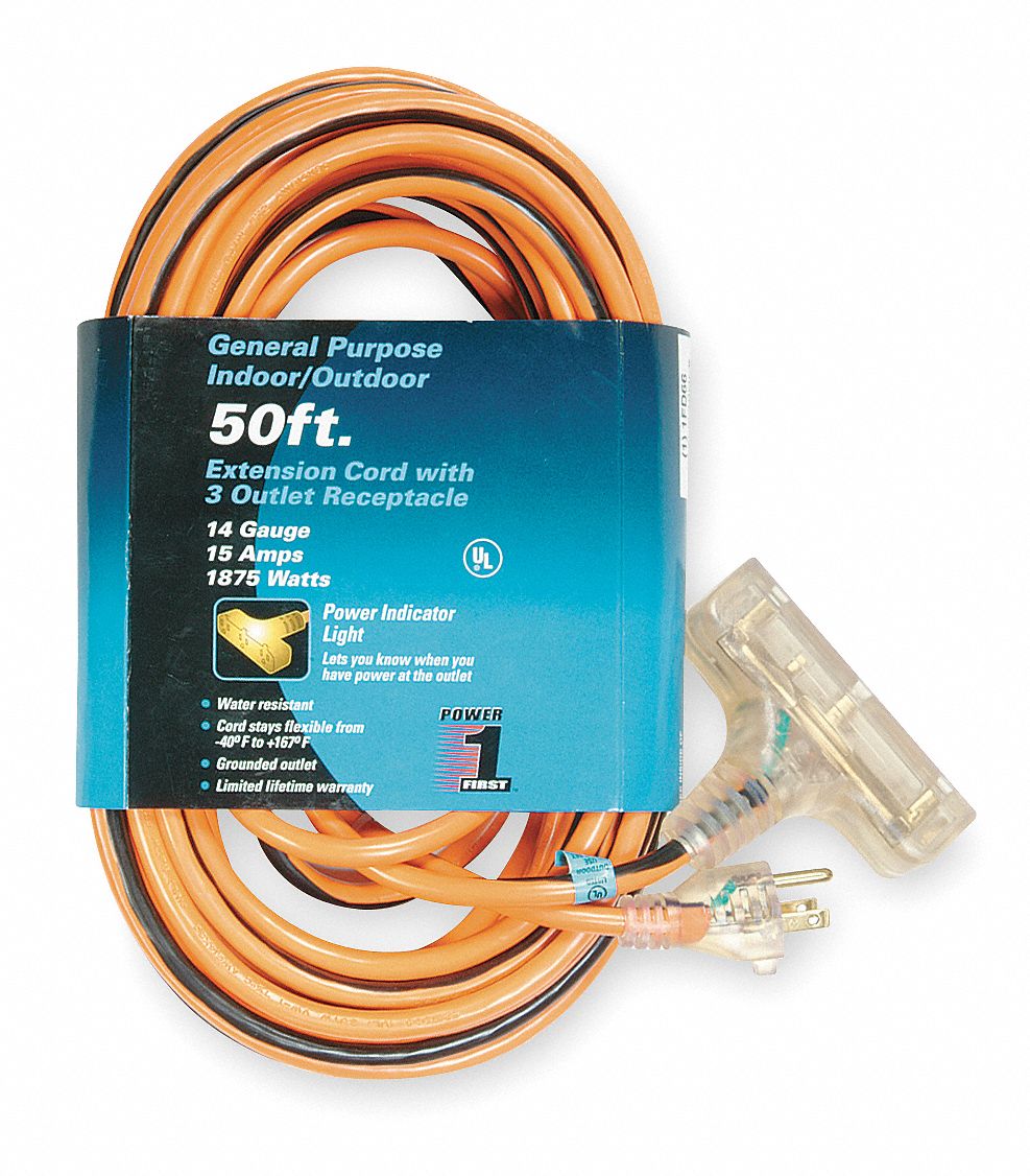 POWER FIRST  Cable de Extensión con Luz para Interiores/Exteriores, Longitud del Cable 50 Pies, Calibre/Conductor 14/3, 15 A Máx.   Cables de Extensión   1FD66|1FD66