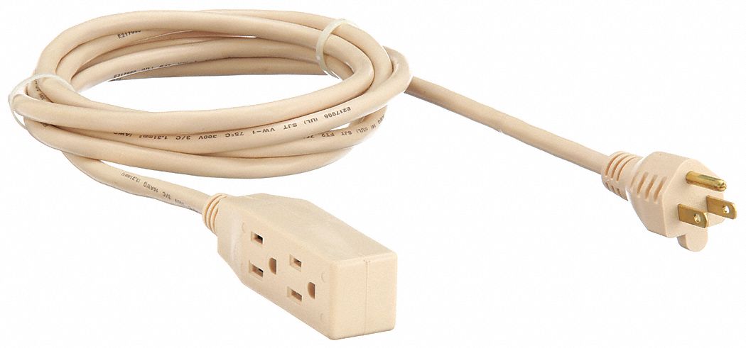 POWER FIRST Extension Cord: 9 ft Cord Lg, 16 AWG Wire Size, 16/3, SJT, NEMA  5-15P, Beige, 3 Outlets