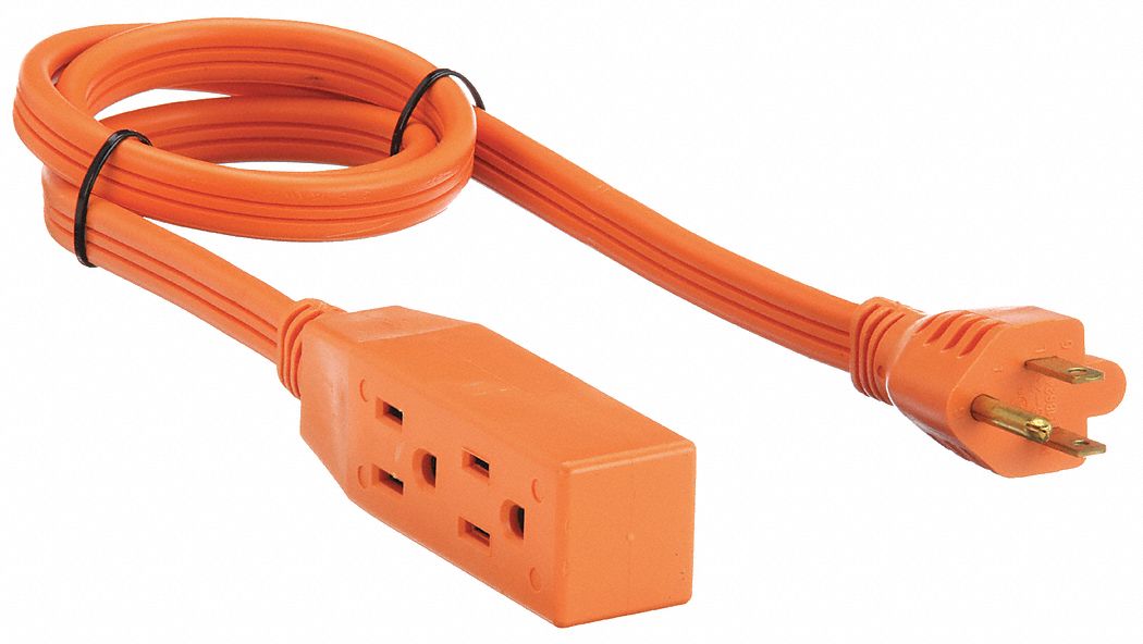 EXTENSION CORD, 3 FT CORD, 14 AWG WIRE SIZE, 14/3, SPT-3, NEMA 5-15P, ORANGE, BLOCK