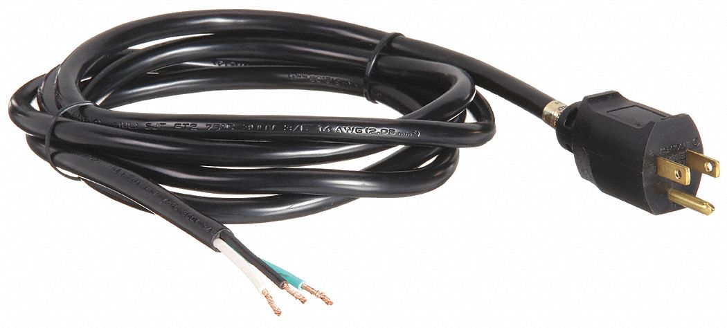 POWER CORD, 14 AWG WIRE SIZE, 8 FT, BARE LEADS, 15 A MAX, PVC, SJT, NEMA 5-15P