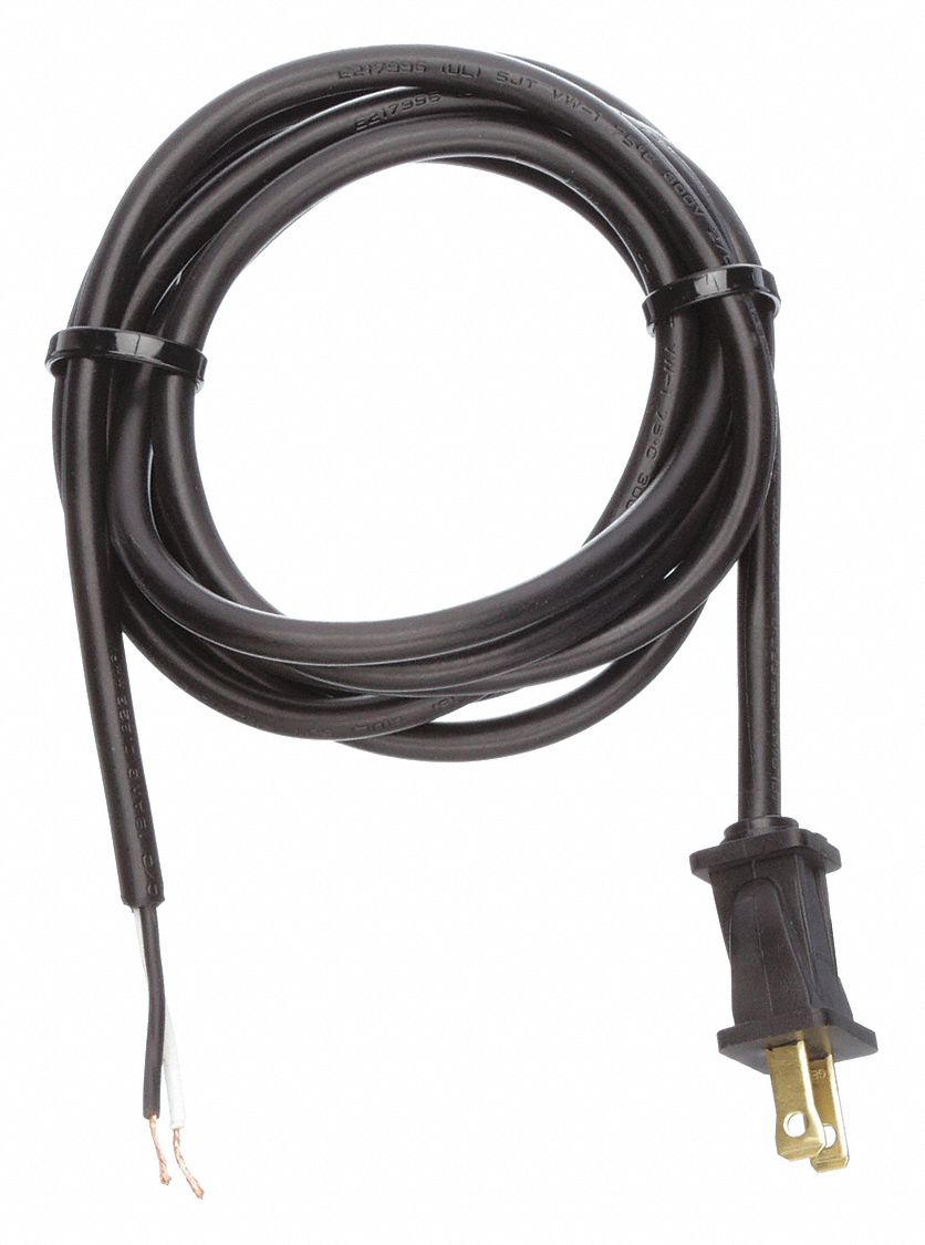 POWER CORD, 18 AWG WIRE SIZE, 8 FT, BARE LEADS, 10 A MAX, PVC, SJT, NEMA 1-15P