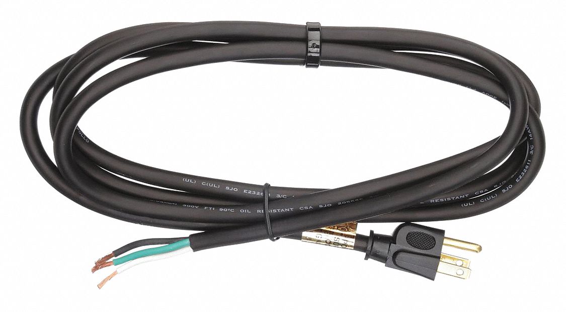 POWER CORD, 14 AWG WIRE SIZE, 8 FT CORD, BARE LEADS, 15 A MAX, RUBBER, SJO, NEMA 5-15P