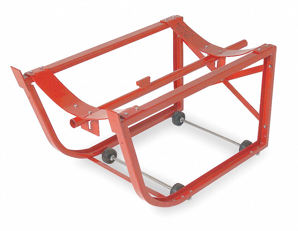 DRUM CRADLE, FOR 55 GAL DRUM CAPACITY, 32 IN X 19 IN, 15 IN DISPENSING H, CASTERS, RED