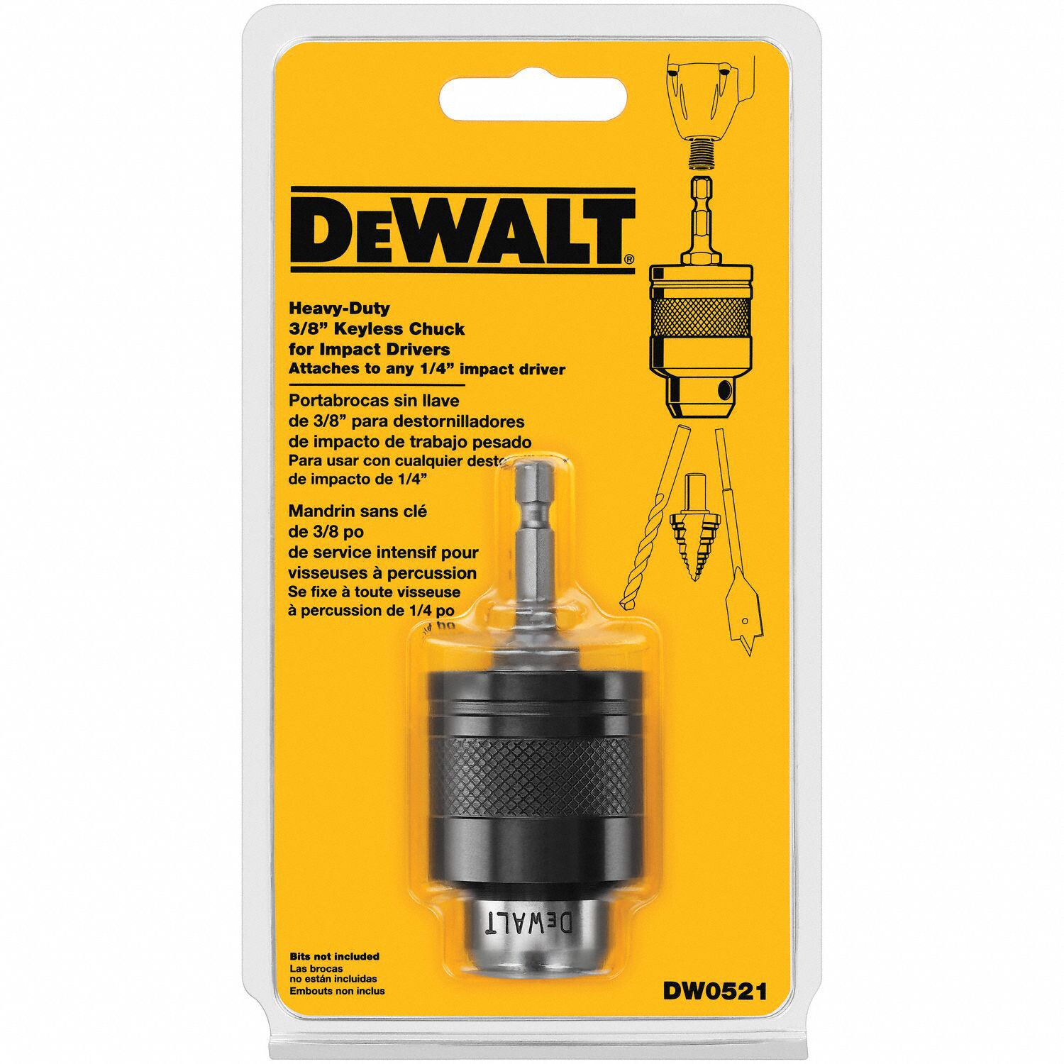 DEWALT Drill Chuck Keyless, Hex Mount, 1/4 in Mounting Size, 3/8 in