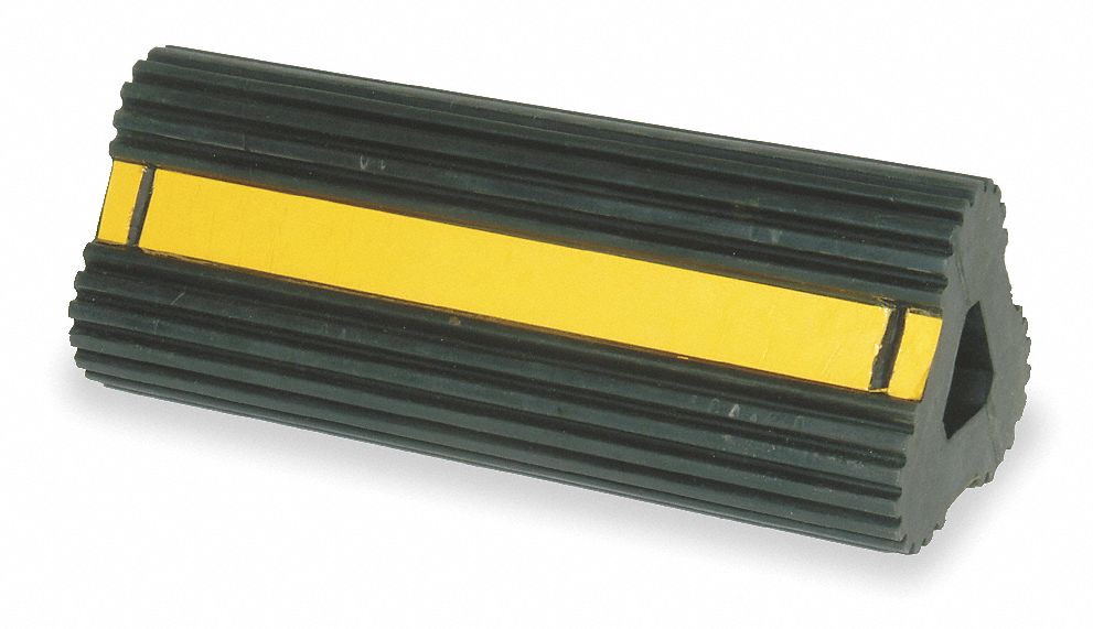 WHEEL CHOCK, RUBBER, 10 IN OVERALL L, 4¼ IN OVERALL W, 4 IN OVERALL H, 1 CHOCK, BLACK/YELLOW