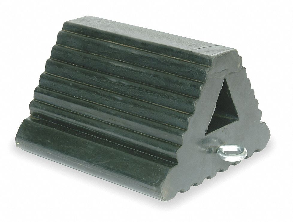 WHEEL CHOCK, RUBBER, 9 IN OVERALL L, 8 IN OVERALL W, 6 IN OVERALL H, 1 CHOCK, BLACK, RUBBER