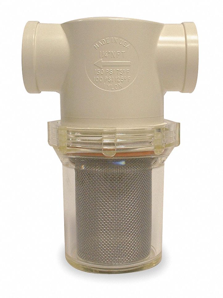 INLINE STRAINER: NYLON, ¼ IN, NPT, 48 MESH, 100 PSI AT 125 ° F, 2 7/16 IN H, 3 IN L, CLEAR