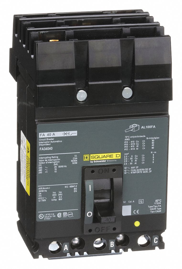 SQUARE D Circuit Breaker, 40 Amps, Number of Poles 3, Series FA, For